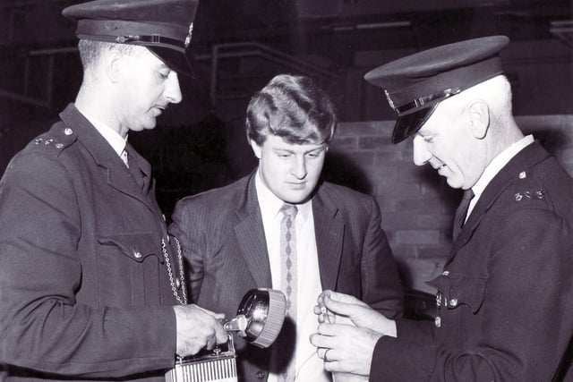 A member of the Telegraph staff poses for a breathalyser test after its introduction in October 1967