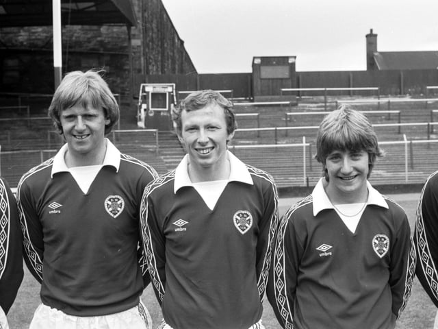 Hearts football team photoshoot at Tynecastle in July 1981, before the 1981/82 season - Jim Jefferies, Willie Gibson and John Robertson.