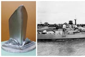 A model showing how the new HMS Sheffield memorial will look, and (right) the HMS Sheffield destroyer before it was hit and sunk during the Falklands War