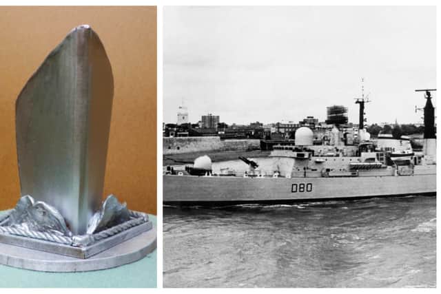 A model showing how the new HMS Sheffield memorial will look, and (right) the HMS Sheffield destroyer before it was hit and sunk during the Falklands War