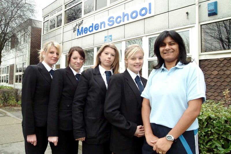 Kamal Harvey-Mistry, PE teacher at Meden School in Warsop, with pupils, from left, Tara Wheatley, Olivia Swycher, Lisha Rhodes and Sophie Jerram