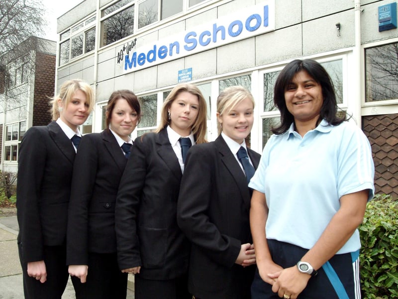 Kamal Harvey-Mistry, PE teacher at Meden School in Warsop, with pupils, from left, Tara Wheatley, Olivia Swycher, Lisha Rhodes and Sophie Jerram