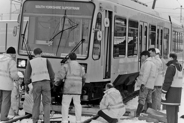 Supertram No 1 jumps the rails during bad weather, 1995 (S02433)