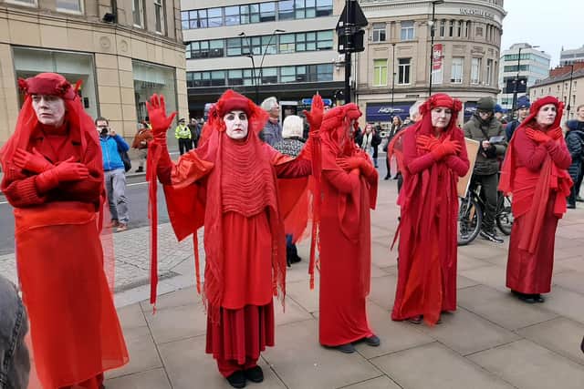 Extinction Rebellion campaigners pictured during a protest outside Sheffield Town Hall
