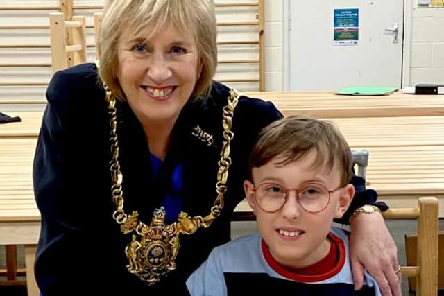 Sheffield's lord mayor, Councillor Gail Smith, with fundraising hero 'Captain' Tobias Weller during a visit to Paces School