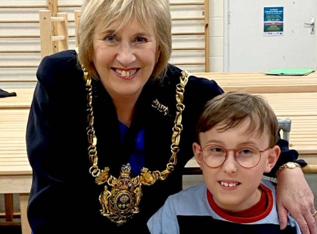 Sheffield's lord mayor, Councillor Gail Smith, with fundraising hero 'Captain' Tobias Weller during a visit to Paces School