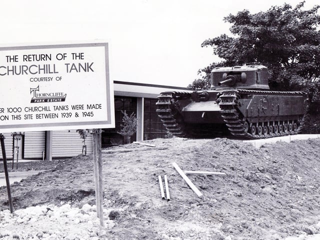 The Churchill tank at the entrance to the old Thorncliffe Works of Newton Chambers at Chapeltown, Sheffield, on August 2, 1989. Over 1,000 Churchill tanks were made on this site between 1939 and 1945