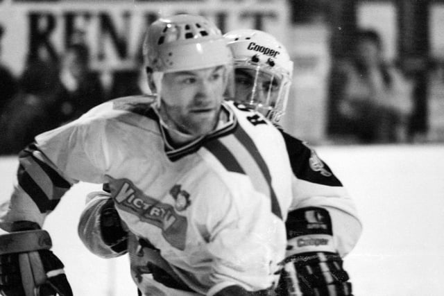 Tougher than tough Import defenceman Mike Rowe  in in action in a  game against Durham Wasps circa 1989-90 (Pic: Bill Dickman/Fife Free Press)