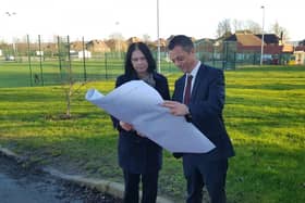 Coun Mary Lea and Coun Bob Johnson look over the plans for Spider Park