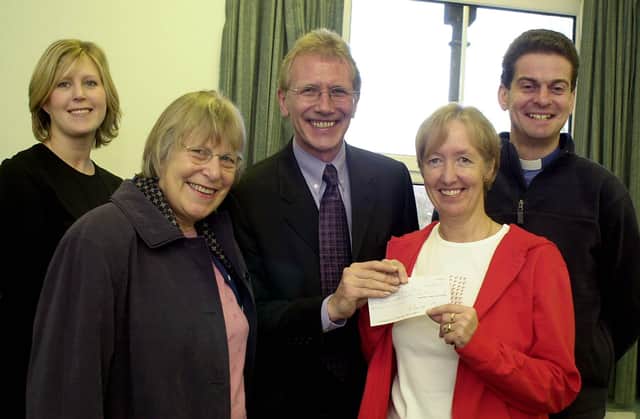 Pitstop Project Charity £5,000 Presentation in 2003, left to right Dawn Smart, Helen Jackson MP Dennis Cowan Pitstop Youth Worker Pat Booth and Vicar Rick Stordy.