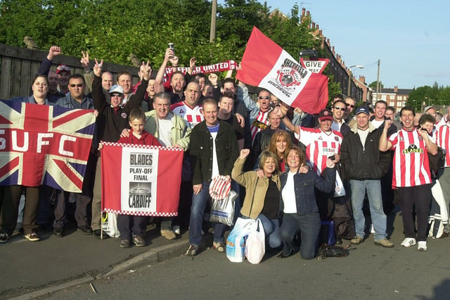 Sheffield United fans are pictured here in 2003 preparing to depart from outside the Railway Hotel pub on Bramall Lane for the Football League First Division play-off final, which the Blades would lose 3-0 to Wolves.