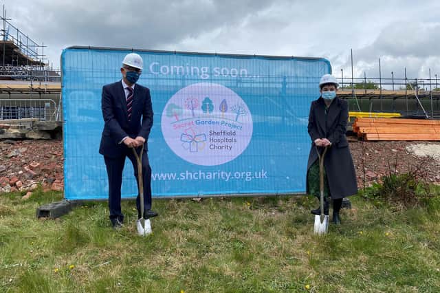 Ground-breaking of the ‘Secret Garden Project’: Chairman of Sheffield Hospitals Charity, Adrian Stone and Chief Executive of Sheffield Teaching Hospitals NHS foundation Trust, Kirsten Major.