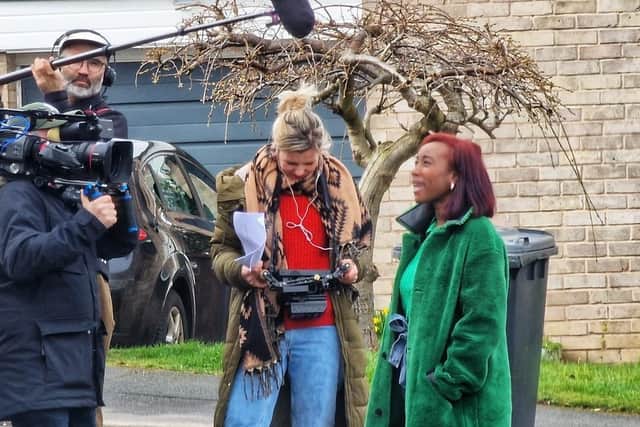 Daytime TV presenter Scarlette Douglas was spotted filming in Burncross, Chapeltown, Sheffield. Image by Paul Atkin, Bagpuss Photography.