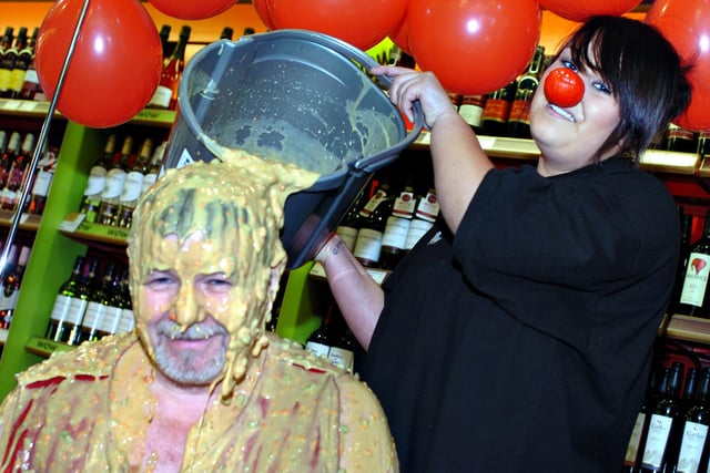 Bill McKenzie, manager of the Mills Local Store on Sea Road, Fulwell was "gunged" for Comic Relief 11 years ago and sales assistant Nicole Maskill had the job of dousing her boss.