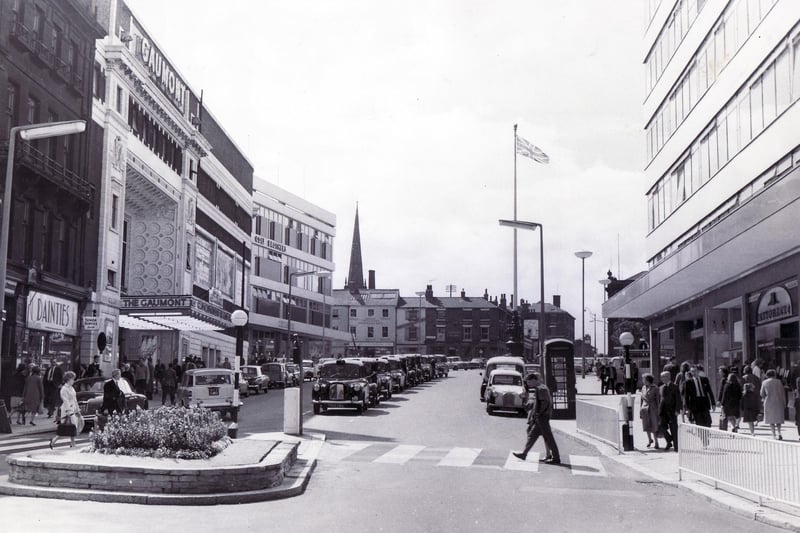 Barker's Pool with the new Cole Brothers store and the Gaumont Cinema on the left - taken from the Goodwin Fountain outside Sheffield Town Hall in August 1964