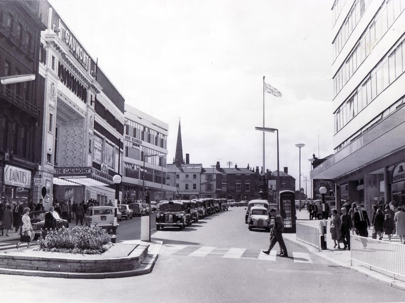 Barker's Pool with the new Cole Brothers store and the Gaumont Cinema on the left - taken from the Goodwin Fountain outside Sheffield Town Hall in August 1964