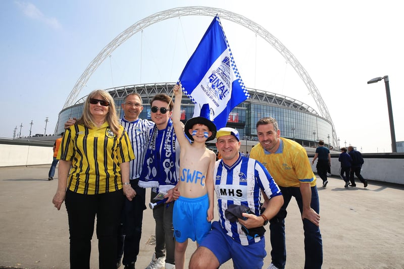 Sheffield Wednesday fans outside the ground before the Championship Play-Off Final at Wembley Stadium. Nigel French/PA Wire.