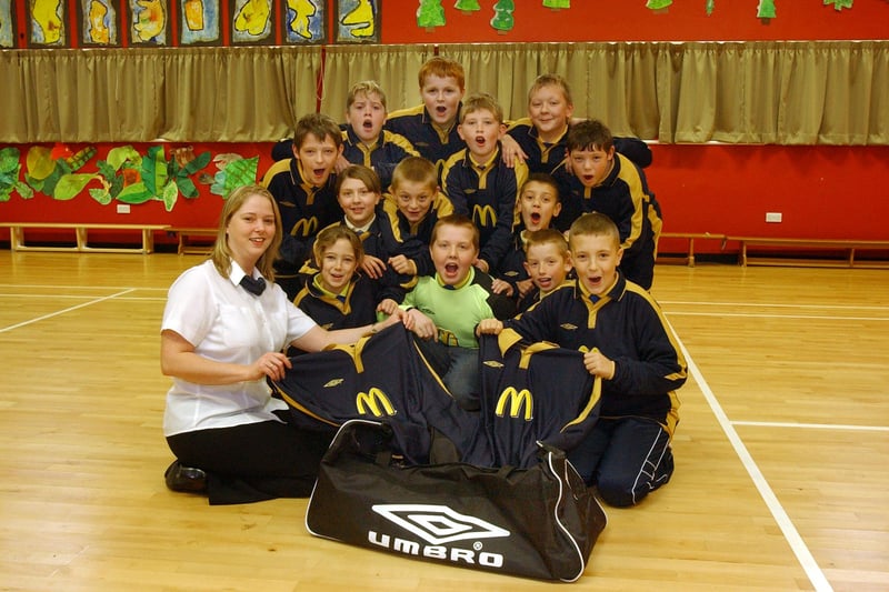 A flashback photo from 16 years ago. Helen Martin, the assistant manager at McDonald's in Simonside was pictured presenting a new football strip to the Lord Blyton School team in 2005.