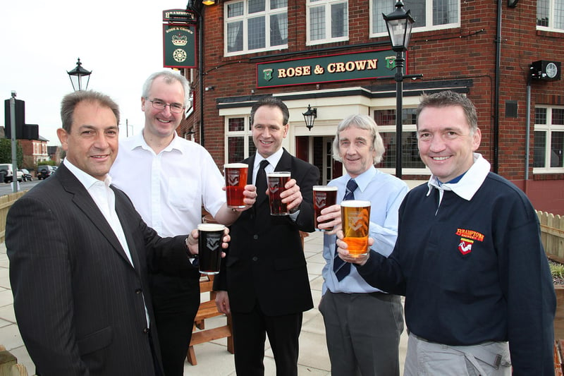 Brampton Brewery's  managing director Chris Radford with with co-directors (l-r) Mick Dowson, Jon Leeming, Dave Hattersley and John Hirst toast the acquisition of the Rose and Crown pub.