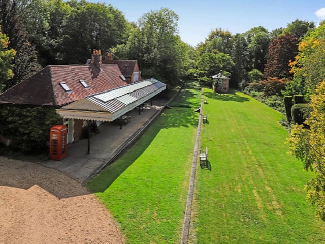 An aerial shot showing the building and gardens