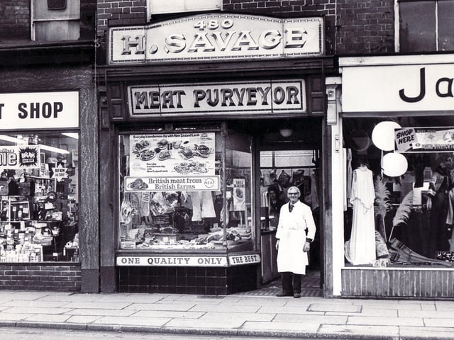 H Savage, Meat Purveyor, Heeley Bottom, pictured in1977