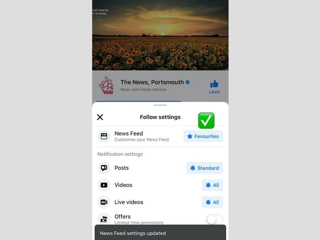 This is how your settings will look once you've selected The News as a favourite and turned on notifications for our posts - you're ready to go.