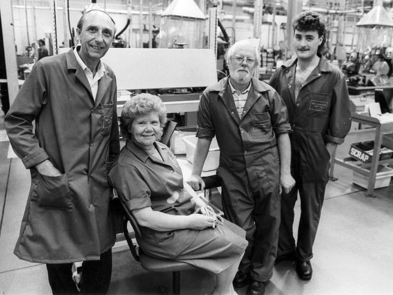 Opening of SKF and Dormer Tools, Mosborough, pictured, left to right, Charles Grundy, Betty Pearce, Ronald Stapleton and Richard Whiteley, in the flute grinding area, June 1989