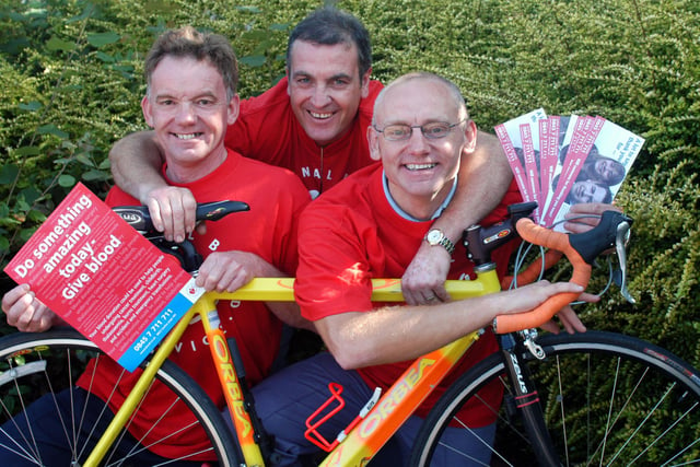 Barry Holyoake, centre, was pictured with John and Chris Brewis in 2004. They along with another brother Joe Brewis completed a Coast to Coast cycle ride both ways in two days. By doing it, they persuaded 100 workmates to become blood donors.