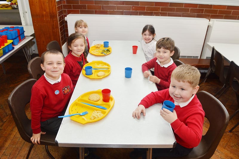 Reception class on their first dinner break back at Heath Primary School