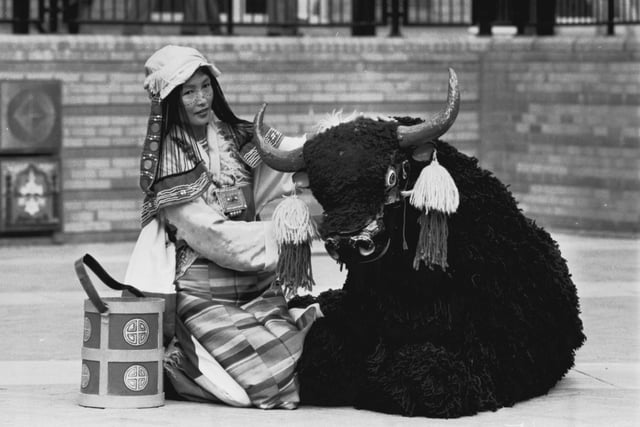 The Tibetan Institute's Sorcam Pelmo, in traditional Tibetan dress, and a man in a yak costume presented a dance display at Glasgow Garden Festival in August 1988.
