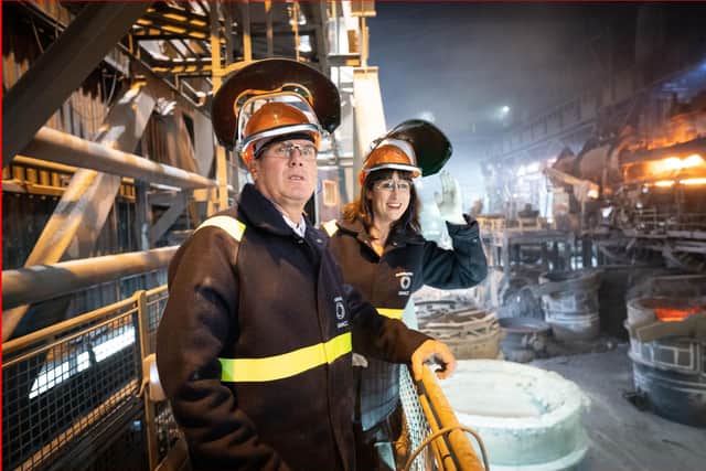 Labour leader Sir Keir Starmer and shadow chancellor Rachel Reeves watch a stainless steel making process during a visit to Outokumpu Stainless Ltd in Sheffield.
Stefan Rousseau/PA Wire