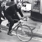 Ted and Pat James on the Motebcana tandem, at James Cycles, Sheffield October 1979