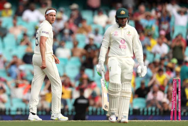 Stuart Broad of England celebrates dismissing Usman Khawaja of Australia during day two of the Fourth Test Match in the Ashes series between Australia and England at Sydney Cricket Ground on January 06, 2022 in Sydney, Australia. (Photo by Cameron Spencer/Getty Images).
