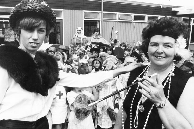 Jennie Inskip, right, head teacher of Hedworthfield Junior School, Jarrow  and student nursery Dawn Purcell get into the swing of things when the school held a fancy dress as part of their Jarrow 1300 celebrations. Were you there for this 1981 fundraiser?