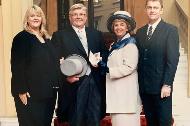 Stella Platts at Buckingham Palace in 2000 when her husband Brian was presented with an MBE for services to the theatre. With the couple are their children Gay and Adam