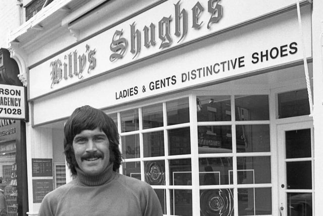 Sunderland footballer Billy Hughes pictured outside his new shop in Vine Place in 1975. Fans of Billy's Shughes included Neil Chapman.