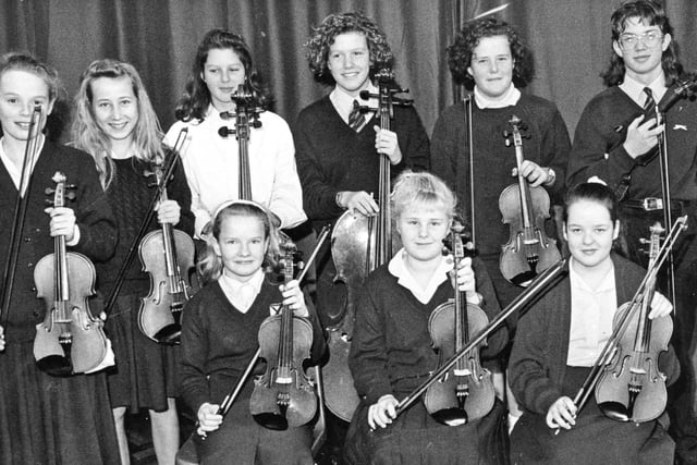 Band practice is all important and here is the High Tunstall School Band string section in 1990.