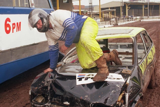 Max Austin in August 1999 after jumping through a coach in a dummy run of a world record attempt to be staged at Owlerton Stadium on the upcoming Bank Holiday Monday. It's not known exactly what the world record was or whether he broke it.