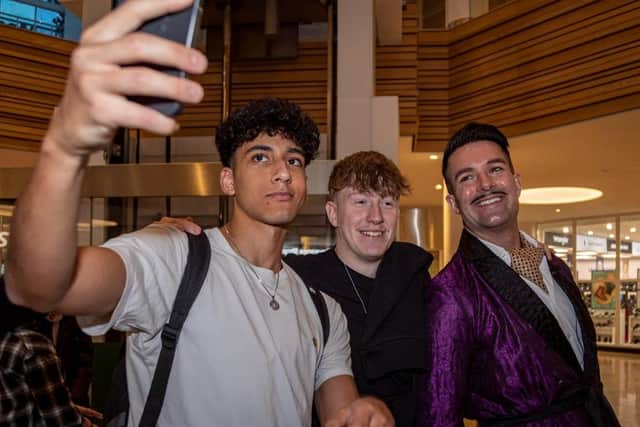 TikTok star Troy Hawke (right) with fans (left to right) Adham el Toukhy and Alfie Henry at a student night held at Meadowhall Shopping Centre in Sheffield (Photo: SWNS)