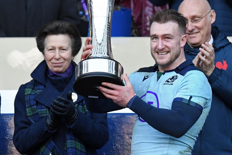 March 8, 2020: Scotland 28, France 17, Six Nations
Hawick's Stuart Hogg lifting the Auld Alliance Trophy after the Scots' last game in front of fans at Murrayfield Stadium in Edinburgh (Photo: Andy Buchanan/AFP via Getty Images)