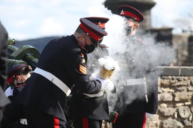 Members of the 105th Regiment Royal Artillery fire a 41-round gun salute at Edinburgh Castle, to mark the death of the Duke of Edinburgh.