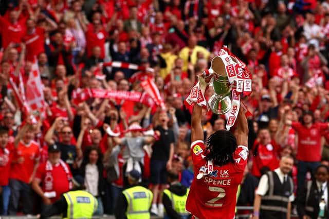 Djed Spence celebrates Nottingham Forest's play-off win over Huddersfield Town at Wembley (Christopher Lee/Getty Images)