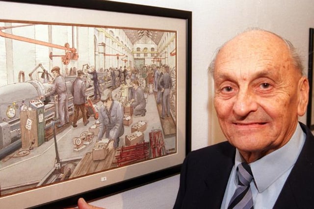 Artwork around Doncaster's plant works was on display at the Doncaster Museum in 1999. Arthur Shaw photographed with one of the pieces - he used to work at the plant. Art drawn by Noel Sharpe.