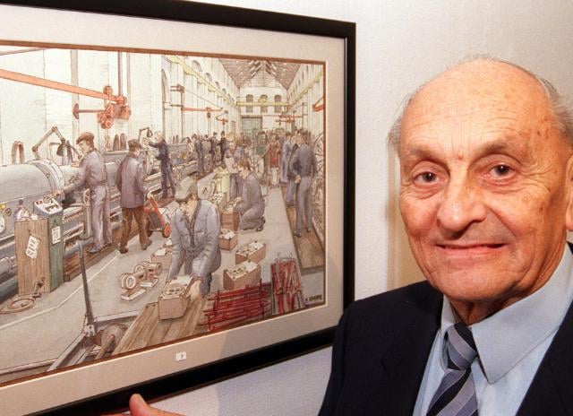 Artwork around Doncaster's plant works was on display at the Doncaster Museum in 1999. Arthur Shaw photographed with one of the pieces - he used to work at the plant. Art drawn by Noel Sharpe.