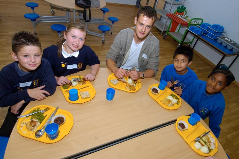 Sheffield United footballer Andy Taylor joined children at Lowfields primary school to tuck into healthier school dinners back in 2011. Andy with, from left, Sam White and Isabel Berriman from Intake school and Mujahid Ali and Angel Rowen from Lowfields