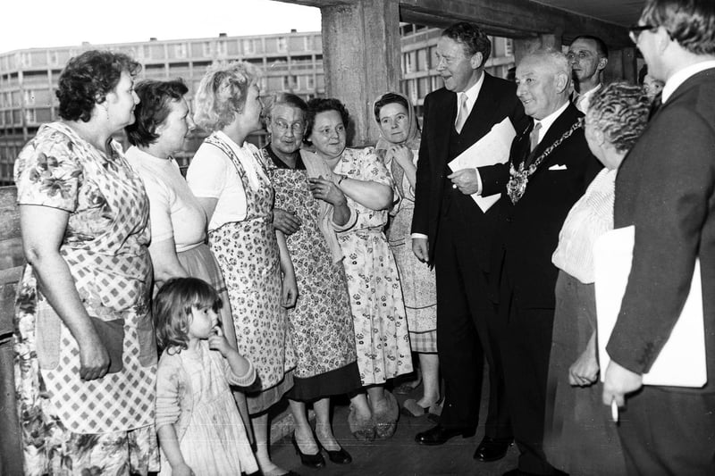 Former Labour Party leader Hugh Gaitskell chats to residents at he officially opens Sheffield's Park Hill Flats in 1961