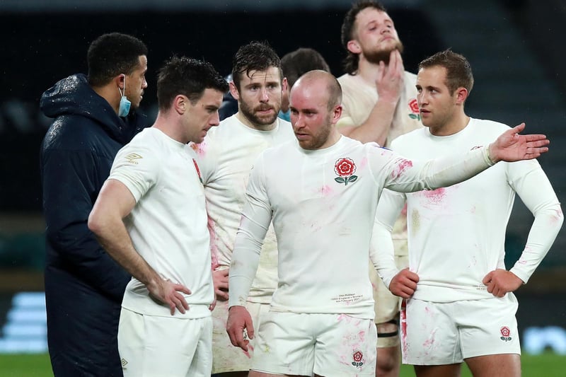 Elliot Daly, George Ford and Dan Robson look dejected following their side's defeat after the Guinness Six Nations match between England and Scotland at Twickenham Stadium today. (Photo by David Rogers/Getty Images)