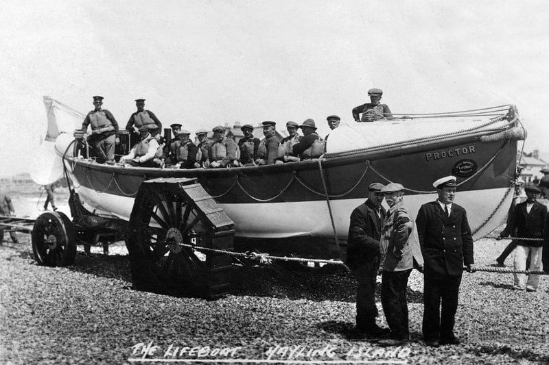 The Hayling Island lifeboat Proctor possibly taken during the First World War. In May 1914 a new lifeboat Proctor arrived at the station. A new boat house had to be built to house the boat. The new station was built adjoining the Coastguard station about 2 mile east of the old lifeboat station. In 1924 Hayling lifeboat station closed, the lifeboat Proctor was sailed to cowes for a refit, then sent to Berwick-on-Tweed.
Picture: costen.co.uk