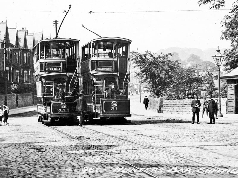 The No 233 tram to Nether Green and the No 81 to Hillsborough pictured at Hunters Bar, Sheffield