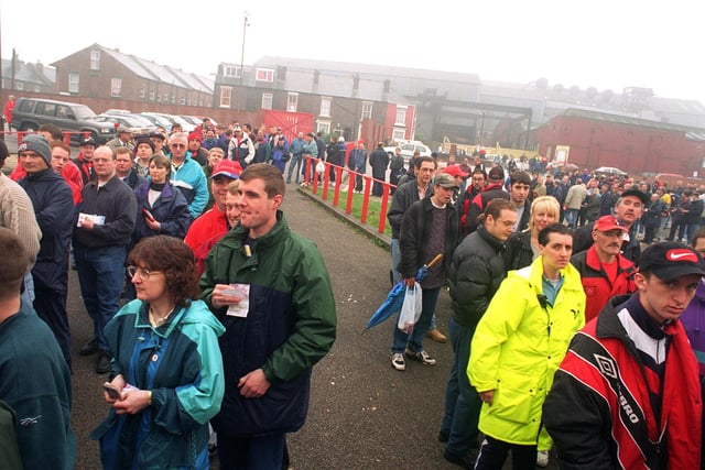 Queues snake around Bramall Lane as Blades fans queue for tickets for the play-off final against Crystal Palace at Wembley in May 1997.